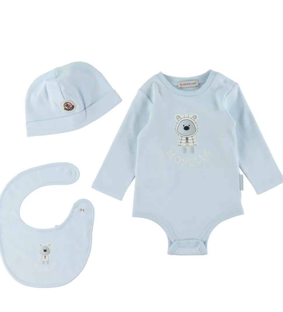 Moncler Sæt - Hue/Savlesmæk/Body l/æ - Lyseblå m. Bamse