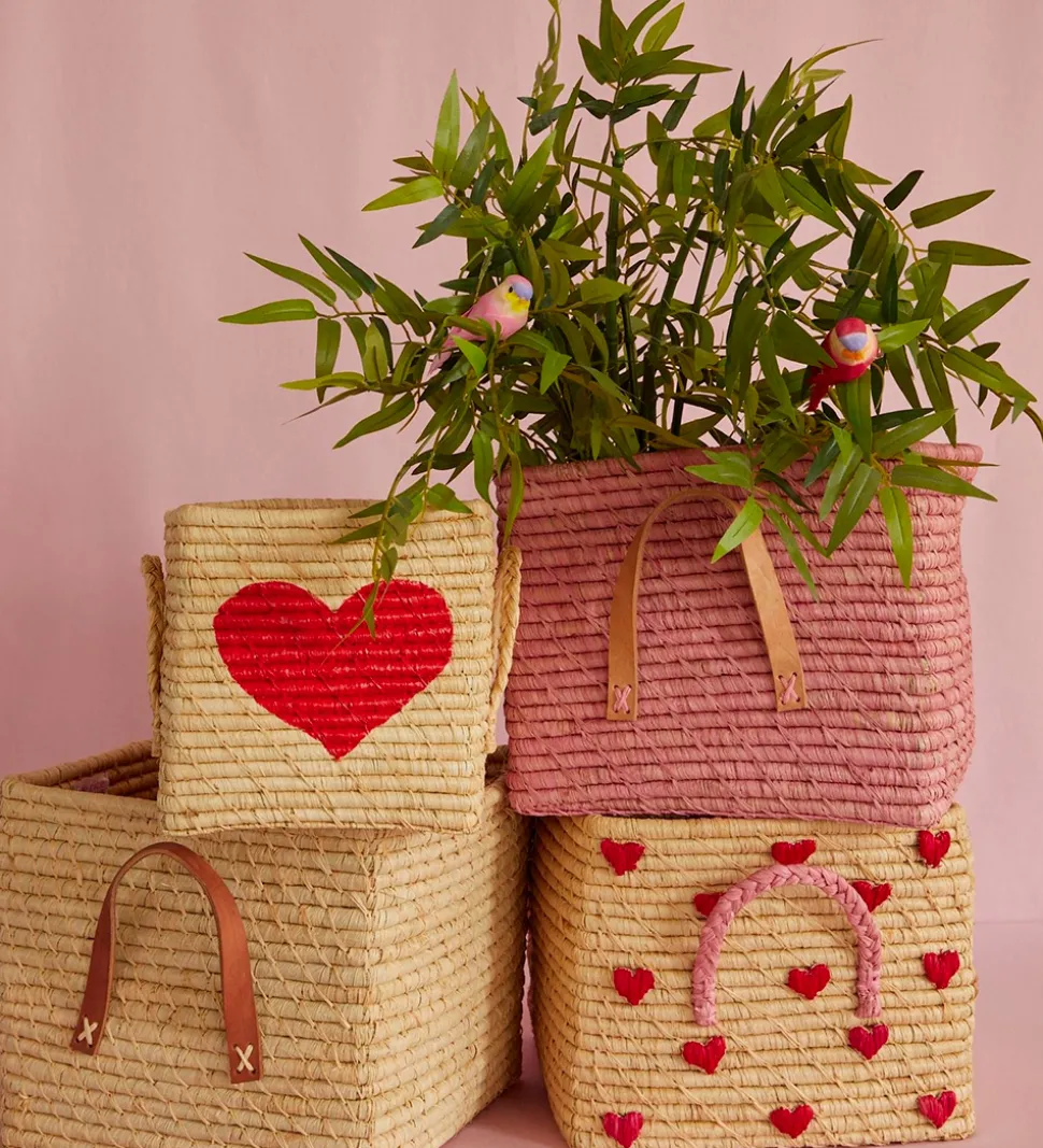 Rice Opbevaringskurv - Raffia - 30x30x25 cm - Natur m. Hjerter
