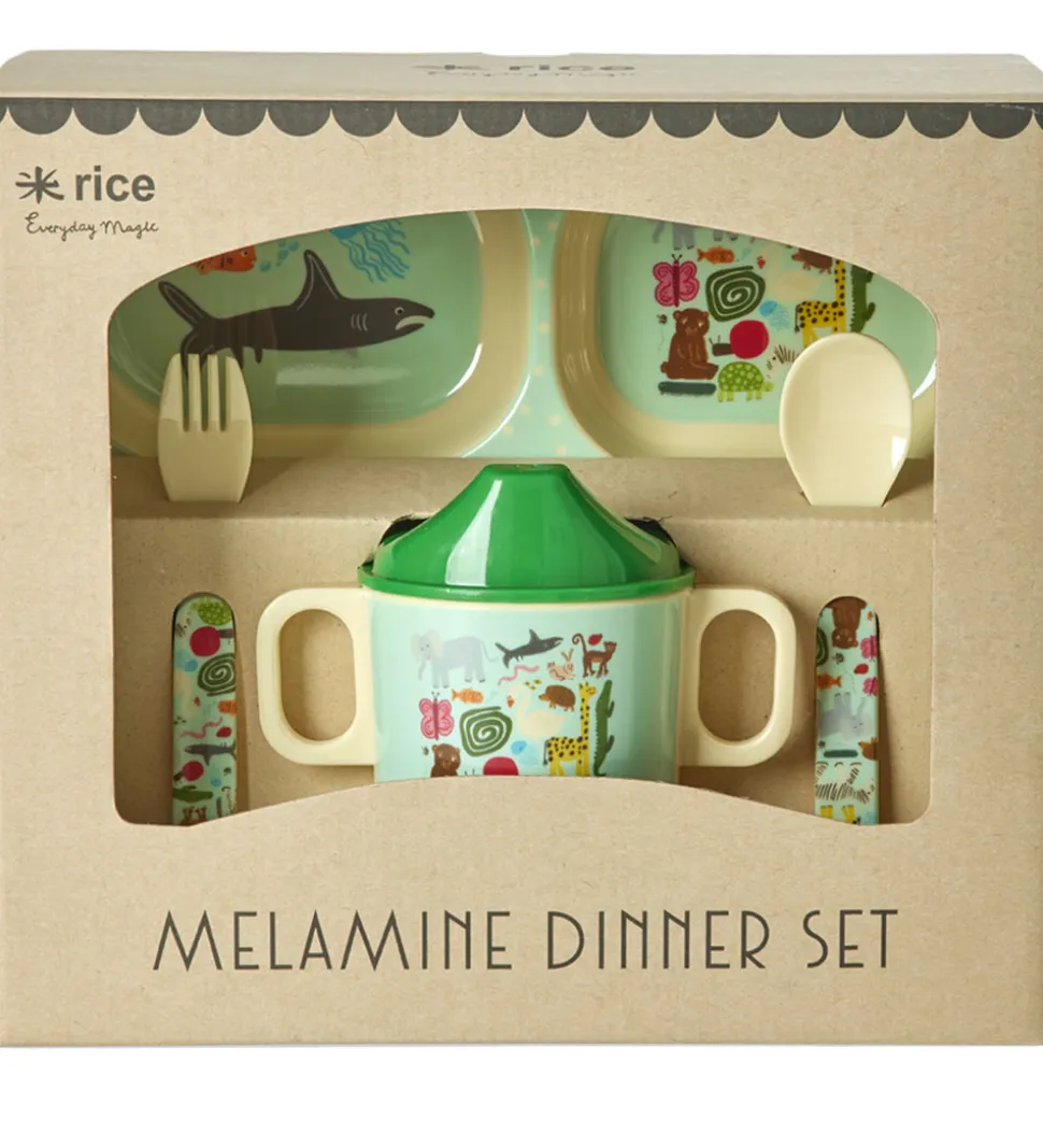 Rice Spisesæt - Melamin - 4 stk. - Wildlife Print - Mint